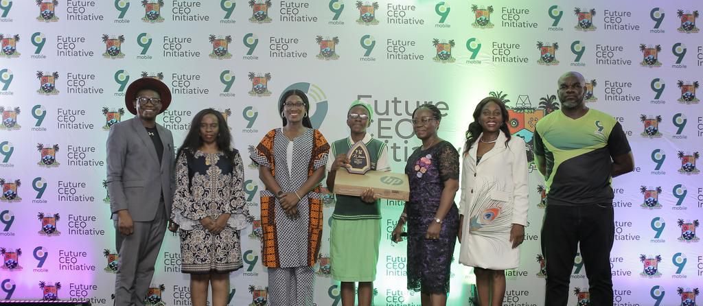 L-R: Judge 1, Johnson Abbaly; Judge 2, Hussaina Ishaya Audu; PR Lead 9mobile, Chineze Amanfo; Winner of the 9mobile Future CEO Initiative Speaking competition, Okorie Jane Francis representing Lagos State Civil Service Senior College, Igbogbo; Co-Curri...