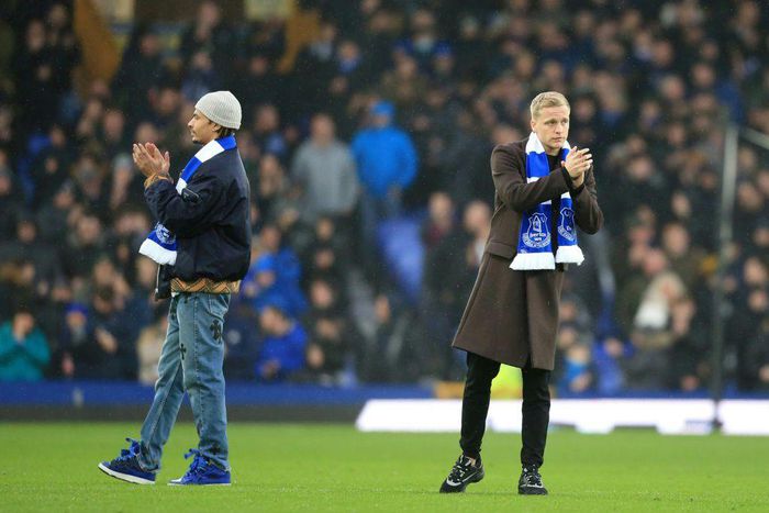 New signings Dele Alli (left) and Donny van de Beek are introduced to Everton fans