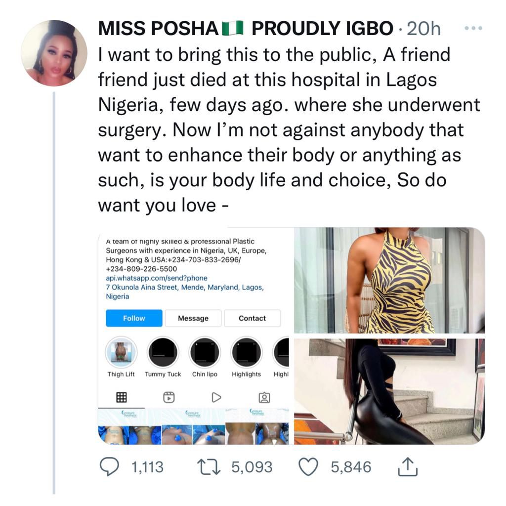 Twitter goes wild as Nigerian lady, Crystabel, dies through body enhancement surgery in Lagos