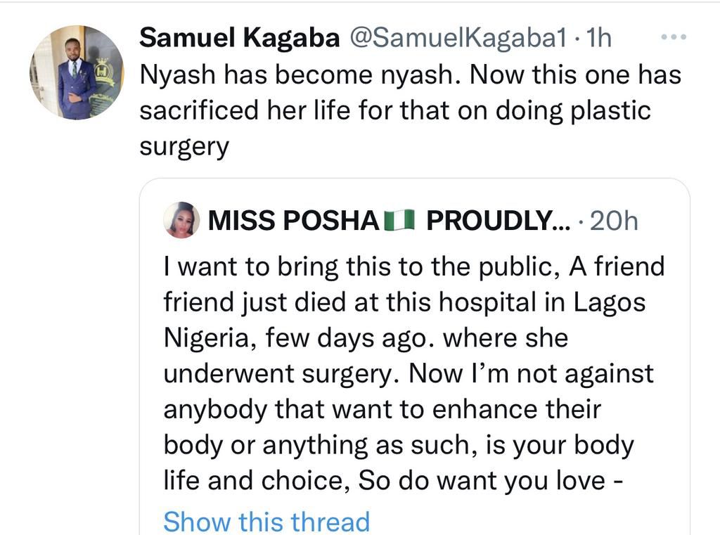 Twitter goes wild as Nigerian lady, Crystabel, dies through body enhancement surgery in Lagos