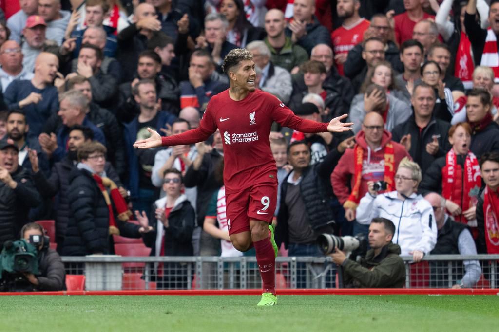 Roberto Firmino celebrates scoring Liverpool's first goal against Brighton and Hove Albion at Anfield on September 1, 2022