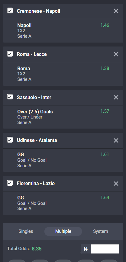 Serie A accumulator on Bet9ja