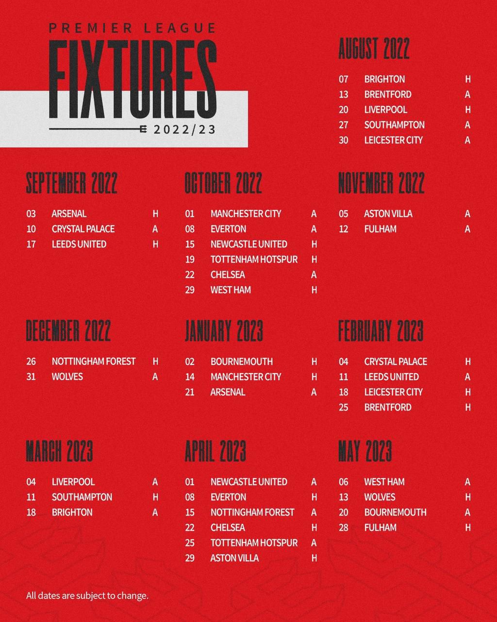 Manchester United's full fixture list for the Premier League 2022/23 season