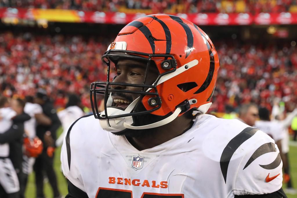 Hakeem Adeniji smiling after winning the AFC Championship with the Cincinnati Bengals