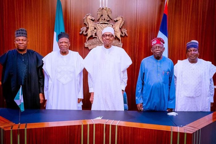 Kashim Shettima, Vice Presidential candidate of the APC, Adamu Abdullahi, APC National Chairman, President Muhammadu Buhari, Bola Tinubu, the presidential candidate of the party, and Simon Lalong, Governor of Plateau State and Director-General of the A...