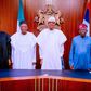 Kashim Shettima, Vice Presidential candidate of the APC, Adamu Abdullahi, APC National Chairman, President Muhammadu Buhari, Bola Tinubu, the presidential candidate of the party, and Simon Lalong, Governor of Plateau State and Director-General of the A...