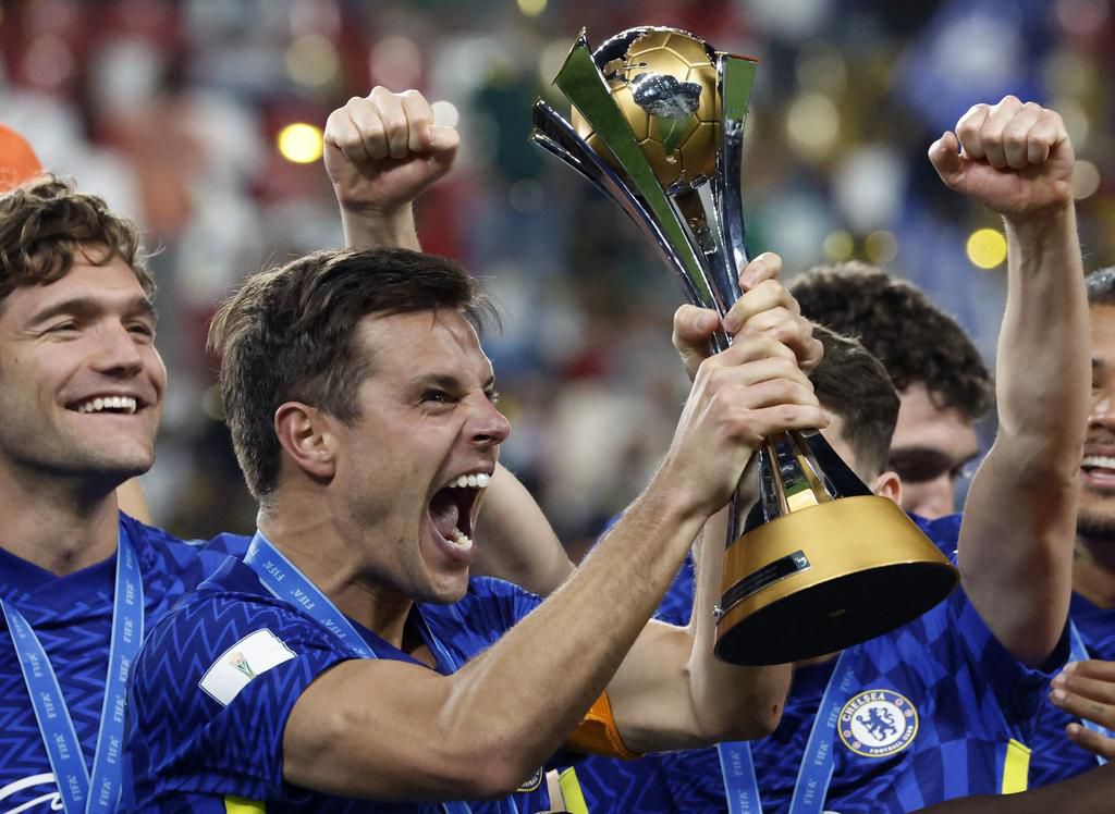 Cesar Azpilicueta lifts the FIFA Club World Cup trophy for the first time