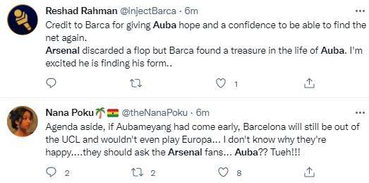 Reactions of Arsenal fans as Aubameyang scores for Barcelona against Valencia