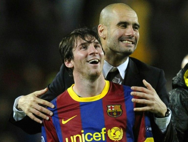 Pep Guardiola (back) served as Lionel Messi's coach at Barcelona from 2008-12