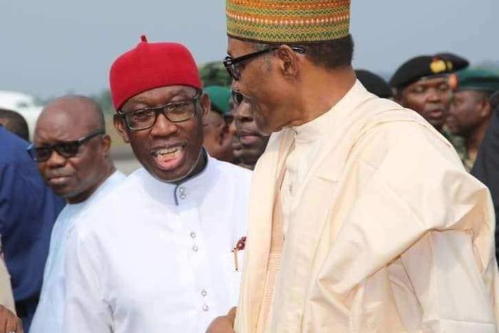 President Muhammadu Buhari and Delta state Governor, Ifeanyi Patrick Okowa. [Twitter/@BashirAhmaad]
