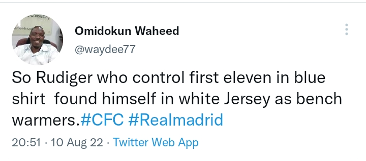 Fans troll Antonio Rudiger for sitting on the bench.