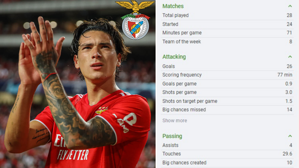 Darwin Nunez league stats for Benfica (sofascore)
