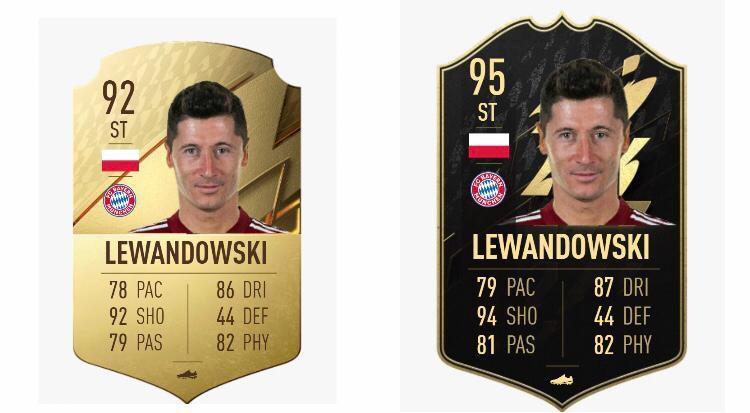 Lewandowski FIFA 22 OPR (Left) and TOTW Upgrade (Right)