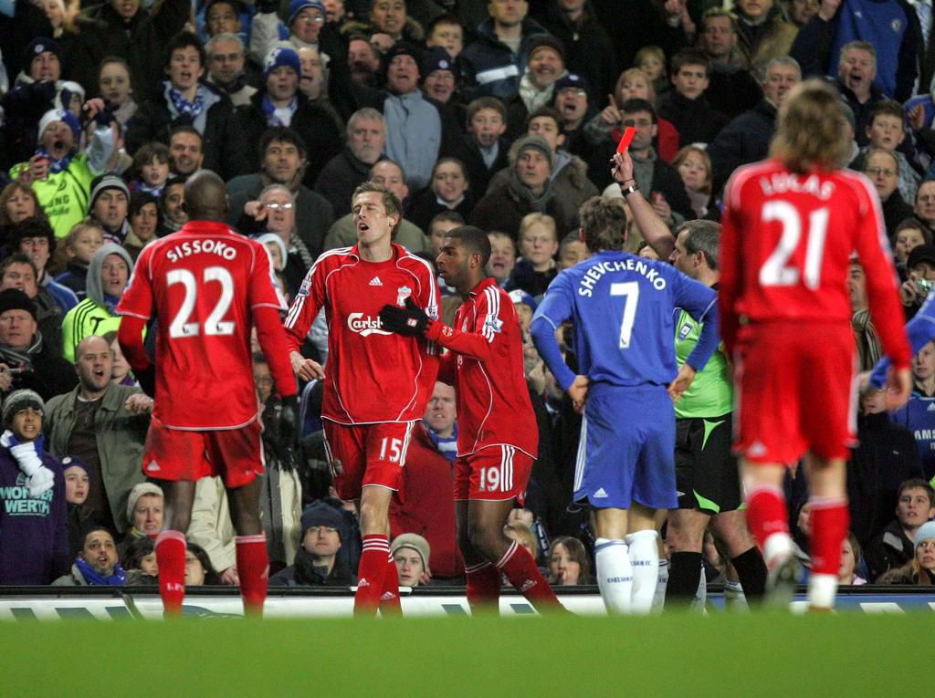 Peter Crouch was sent off for a poor tackle on John Obi Mikel