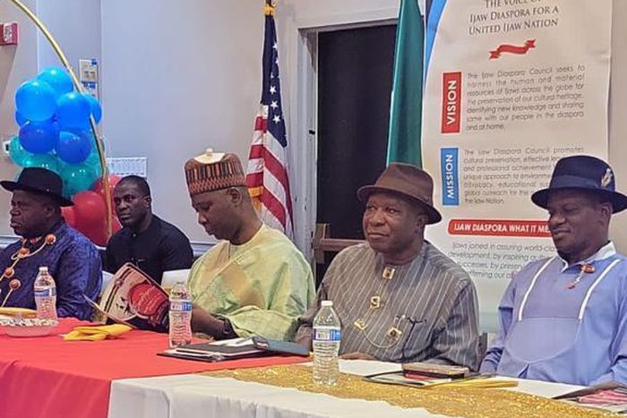 (From left) Sen. Douye Diri, Governor of Bayelsa State, Amb Tijjani Mohammed-Bande, Nigeria Permanent Representative to UN, Col. Milland Dixon Dikio (Rtd.), Administrator, Presidential Amnesty Programme (PAP) and Amb. Benaoyagha Okoyen, Nigerian Ambass...