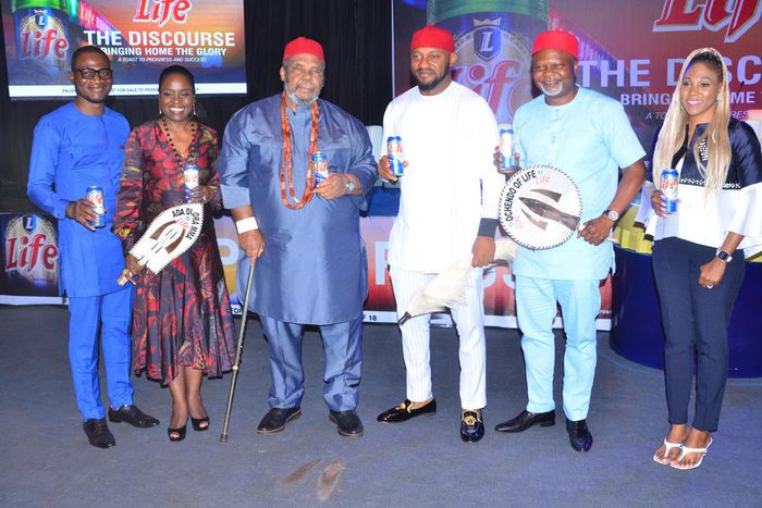 L-R:  Brand Manager, Life Continental Beer, Azuka Ijenebe; Corporate Affairs Director, NB Plc, Sade Morgan; Nollyhood actor, Pete Edochie; Nollywood thespian, Yul Edochie; Sales Director, NB Plc, Uche Unigwe and Senior Brand Manager, Life & "33"Export,...