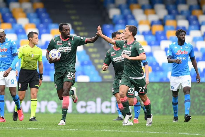 Simy Nwankwo celebrates after scoring against Napoli in Serie A on Saturday, April 3, 2021. [Twitter/@FansTribeHQ]