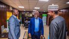 Nigeria's Minister for Youth and Sports, Hon Sunday Dare (L), President of the Nigeria Football Federation, Amaju Pinnick (C) and Chairman of Nigeria's League Management Company, Shehu Dikko (R) (Twitter/@thenff via Ope Adelani)