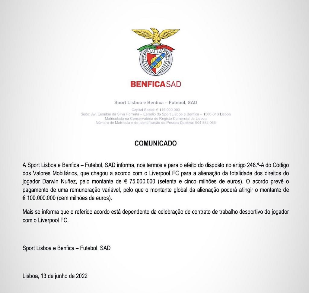 Benfica official statement confirming Darwin Nunez transfer