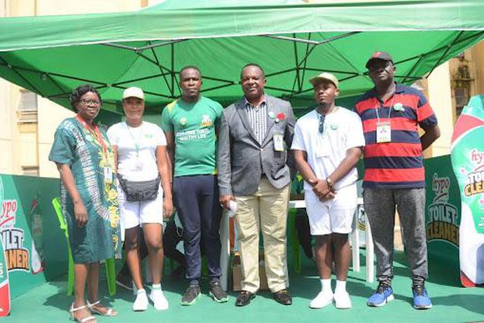 L-R: Mrs. Akowonlehin Victoria, Senior Director, CDS, Lagos State Camp, Olatunji Adenike, corp member, Chidera Anele, Brand Manager, Hypo Toilet Cleaner, Mr. Megwa Edwin, Lagos State Camp Coordinator, Mr. Chisom Andy, Corp Member, Mr. Fasina Adedotun, ...