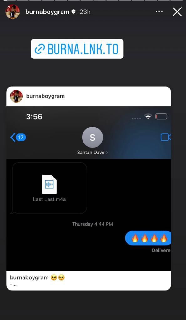 Burna Boy's Instagram Story