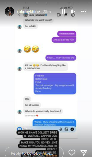 She later shared a chat conversation between Alex and herself laughing over her comments.