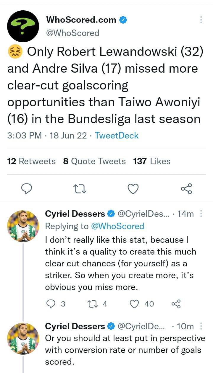 Cyriel Dessers responded to Whoscored in defence of Taiwo Awoniyi