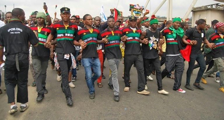 Supporters of the Indigenous People of Biafra (IPOB) march in Port Harcourt on January 20, 2017 in support of the US president-elect