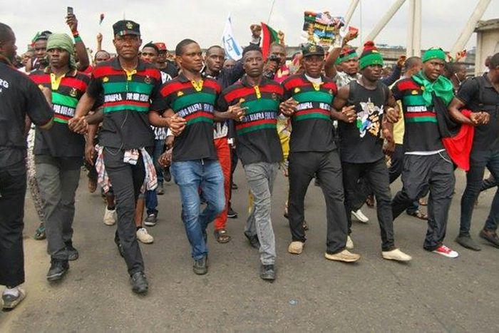 Supporters of the Indigenous People of Biafra (IPOB) march in Port Harcourt on January 20, 2017 in support of the US president-elect