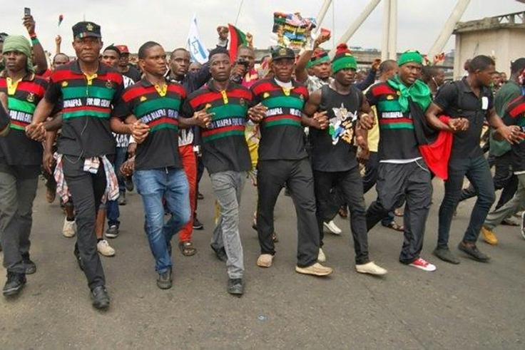 Supporters of the Indigenous People of Biafra (IPOB) march in Port Harcourt on January 20, 2017 in support of the US president-elect