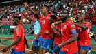 Gambia substitute Ablie Jallow (3R) celebrates with teammates after scoring the goal that beat Tunisia in an Africa Cup of Nations Group F match in Limbe on Thursday