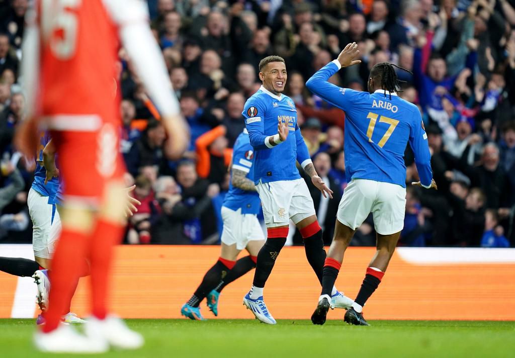 Joe Aribo celebrates with James Tavernier in Rangers' quarterfinal win over Braga