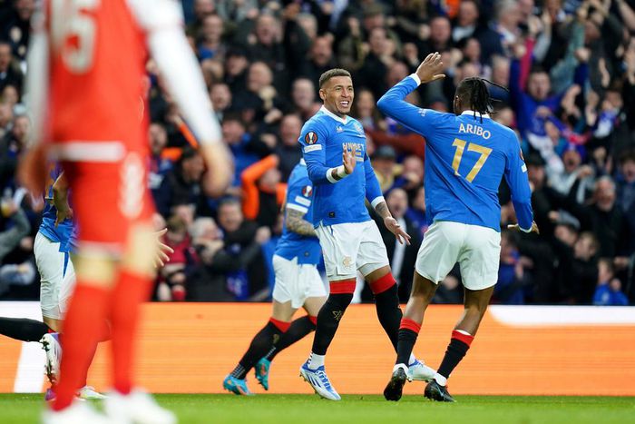 Joe Aribo celebrates with James Tavernier in Rangers' quarterfinal win over Braga