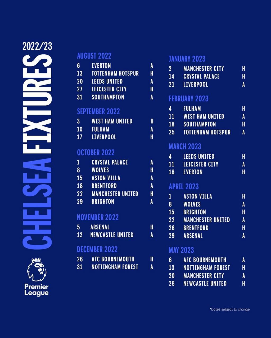 Chelsea's full fixture list for the 2022/23 Premier League season