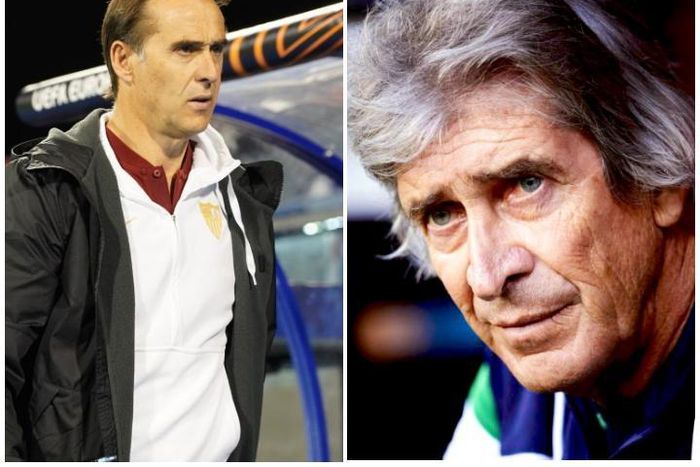 Julen Lopetegui of Sevilla and Real Betis boss Manuel Pellegrini.
