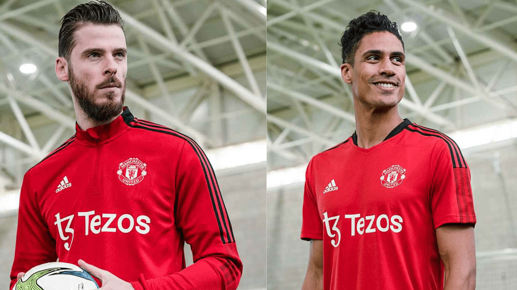 David De Gea(Left) and Rafael Varane in the new Manchester United Tezos training kit