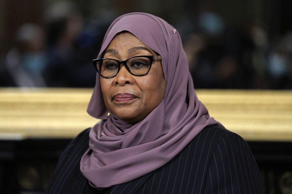 Samia Suluhu Hassan, Tanzania's President, before a meeting with U.S. Vice President Kamala Harris, not pictured, in the Vice President's Ceremonial Office in Washington, D.C., U.S., on Friday, April 15, 2022. Photographer: Yuri Gripas/Abaca/Bloomberg ...