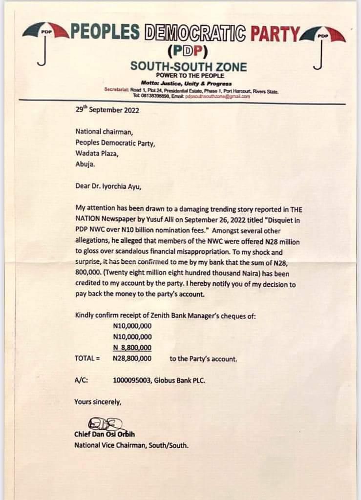 Scandal in PDP as NWC members return 'mysterious' N122.4m to the party. [Twitter:@efewonyi]