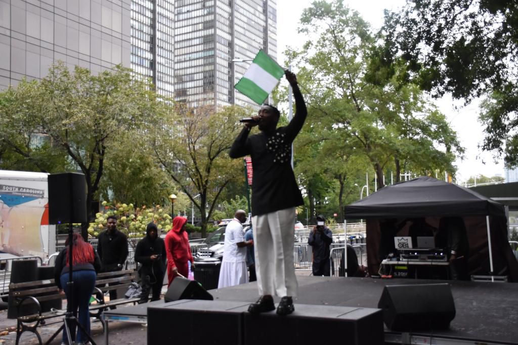 A Nigerian singer, Timi Dakolo performing at the Independence Day Carnival in New York.