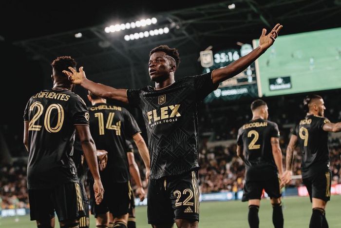 Kwadwo Opoku celebrates his goal against Seattle Sounders.