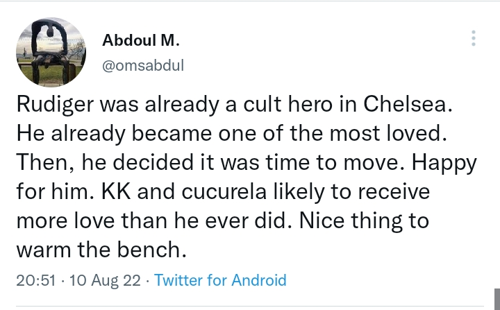 Fans troll Antonio Rudiger for sitting on the bench.