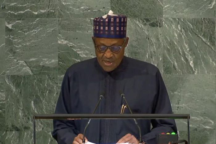 President Muhammadu Buhari at the 77th session of UNGA. [Twitter:@channelstv]