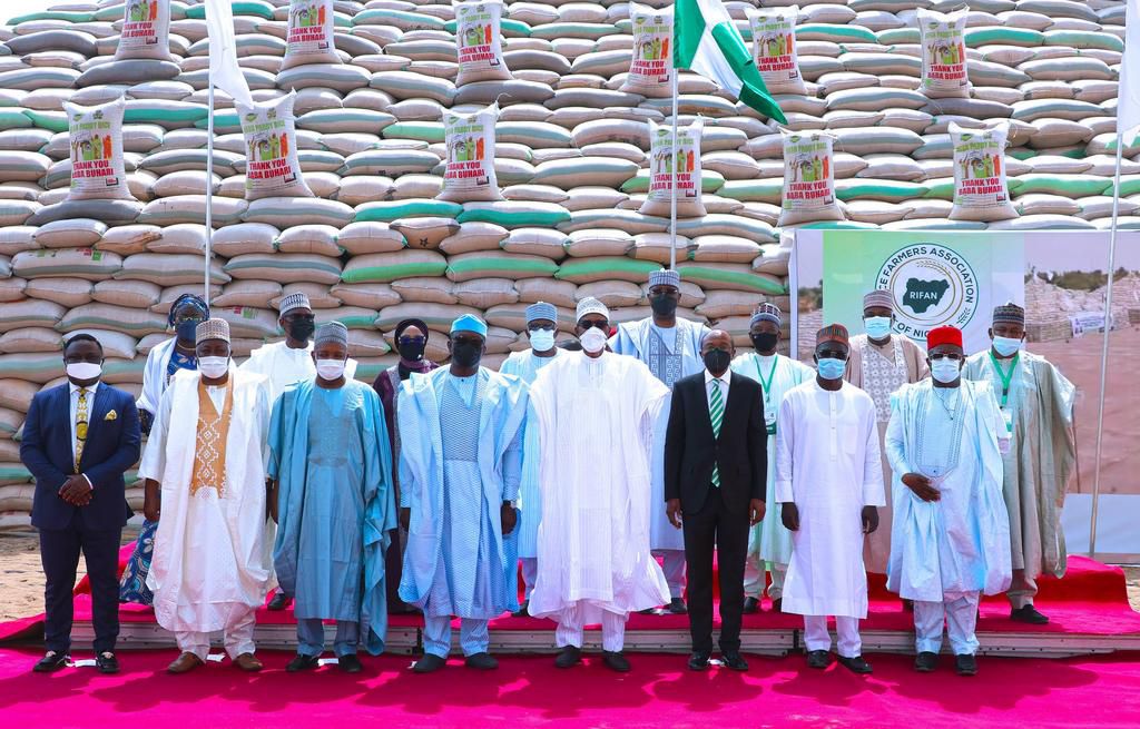 President Muhammadu Buhari at the launching of the 1 million bags of rice pyramid in Abuja. [Presidency]
