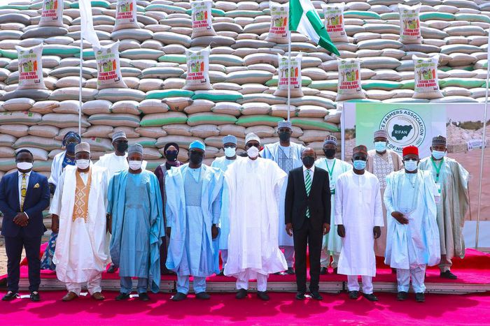 President Muhammadu Buhari at the launching of the 1 million bags of rice pyramid in Abuja. [Presidency]
