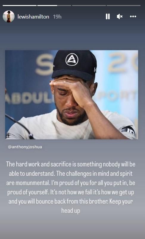 Lewis Hamilton message to Anthony Joshua via Ig Story