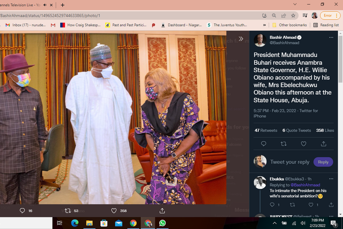 President Muhammadu Buhari flanked by the Anambra state Governor, Willy Obiano (L) and wife, Ebelechukwu Obiano. [Twitter: Presidency]