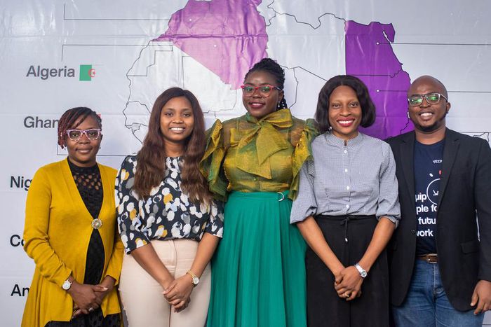 Left to right: Ooreofe Lawanson, Placement Associate at Tech4Dev, Omolola Shopeju, Alumni Community Manager at Tech4Dev, Oladiwura Oladepo, Co-founder/ Executive Director at Tech4Dev and Abraham Akpan, Senior Programs Manager at Tech4Dev during the ann...