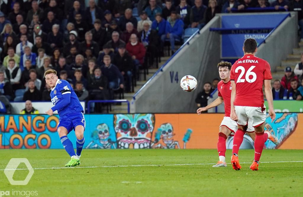 Harvey Barnes scored Leicester's second goal in the first half against Nottingham Forest