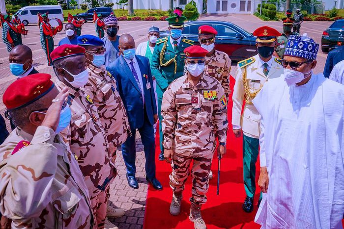President Muhammadu Buhari meets with Gen. Mahamat Idriss Deby, President of Chad’s Transitional Military Council. [Presidency]