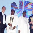 L-R: Managing Director, Nigerian Breweries Plc, Mr. Hans Essaadi; National Volume Champion, Mr. Kenneth Maduakor (Ken Maduakor Group Limited); Chairman, NB Plc, Chief(Dr.) Kolawole Jamodu; Best National Transporter, Mr. Andre Bresler(MDS Logistics Limi...